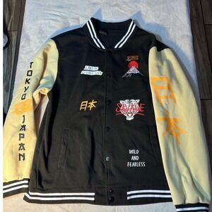 RGSTR Tokyo Japan Mt Fuji Savage Tiger Varsity Bomber Jacket Mens XL Black Cream